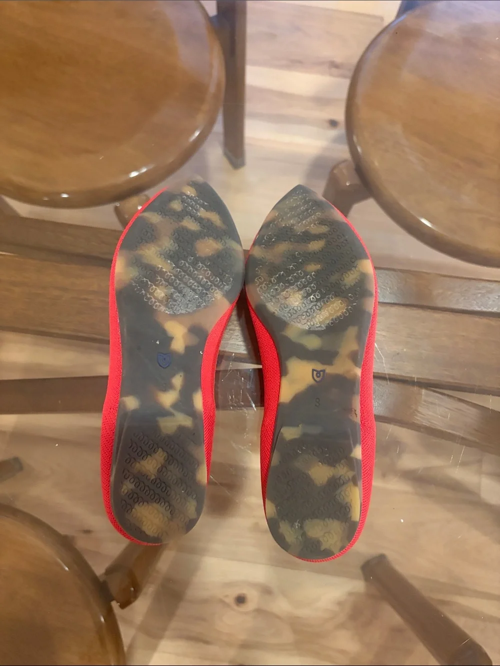 Rothy's Red Pointed Knit Flats with Blue Heel Trim